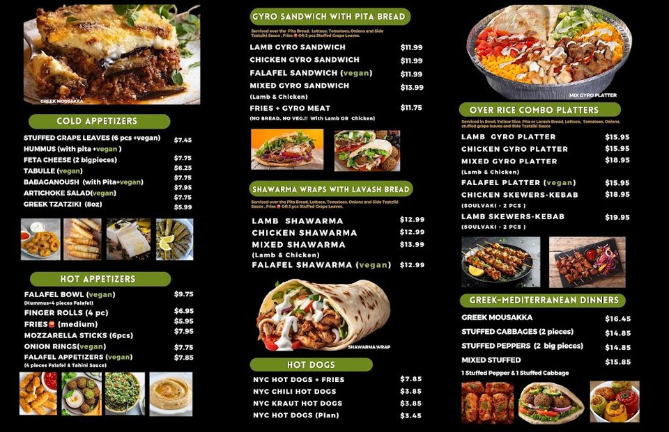 Menu board with gyros, wraps, and sides.