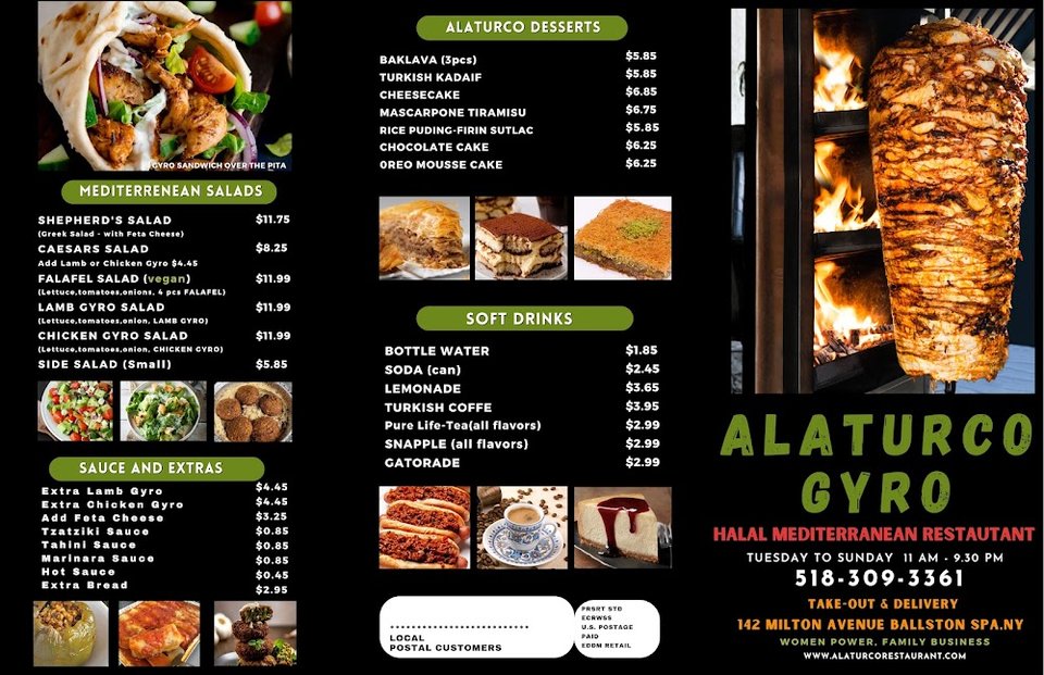Mediterranean menu featuring sandwiches, appetizers, and drinks.