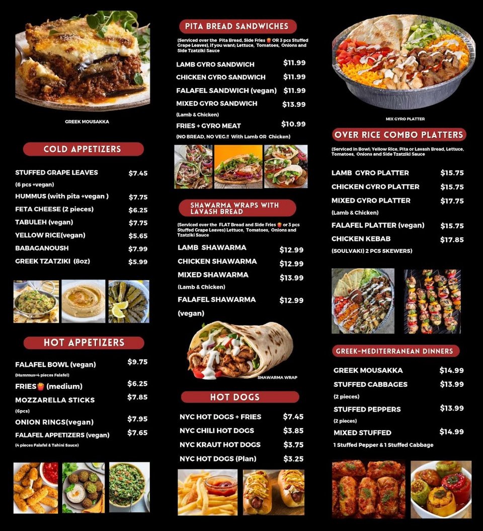 Printed menu showing falafel, hummus, and tzatziki.